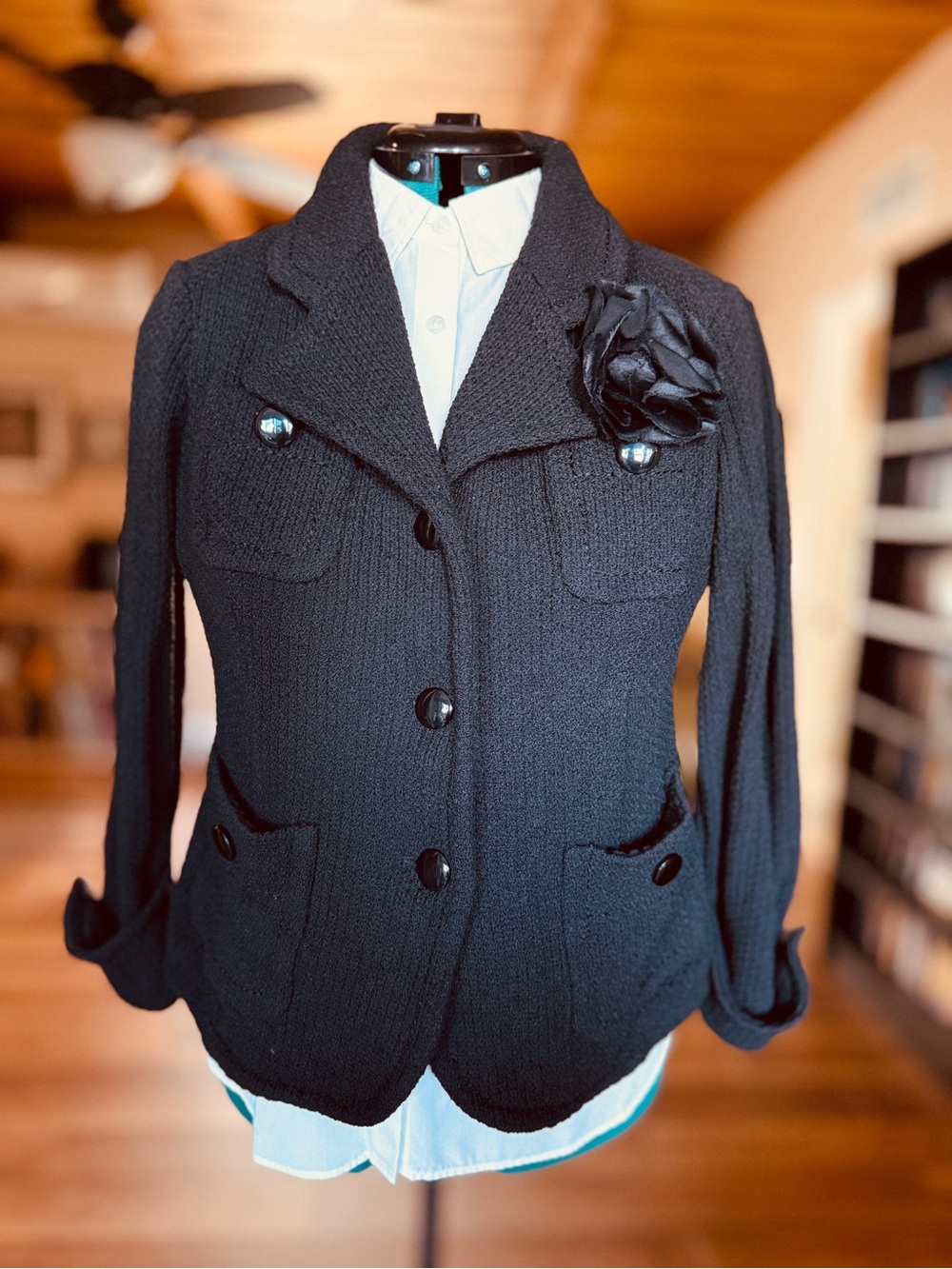 Vintage St. John Caviar Black Knit Utility Blazer with Flower Brooch Size 8
